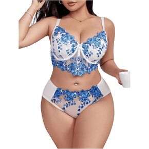 OYOANGLE Women's Plus Size 2 Piece Lingerie Set Floral Embroidered Mesh Lingerie Set Panty Bra