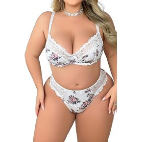 Womens Plus Size 2 Piece Lingerie Set Sexy Floral Lace Underwired Push Up V Neck Bra Babydoll Outfits Nightwear