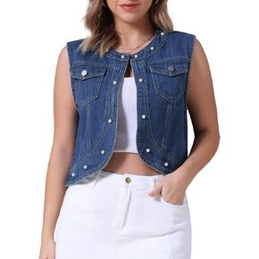 Women's Plus Size Denim Vest Collarless Cardigan Chest Pockets Decor Pearl Sleeveless Jean Jackets
