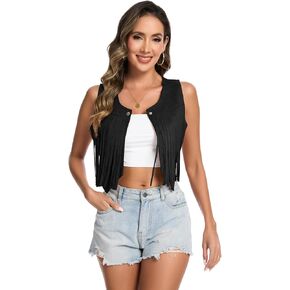 Women's 70s Hippie Vest Disco Outfits Fringe Vest 60s Faux Suede Sleeveless Tassel Cowgirl Jacket Party Halloween