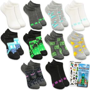 Minecraft Socks for Boys Set - Accessories Bundle with 10 Pairs of No Show Socks for Kids Size 10-4, Ages 6-8 Plus Stickers, Phone Wallet | Video Game Apparel Set