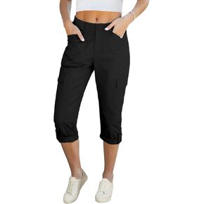 LookbookStore Capri Pants for Women High Waisted Cargo Casual Elastic Waist Rolled Hem Summer Capris Pants with Pockets