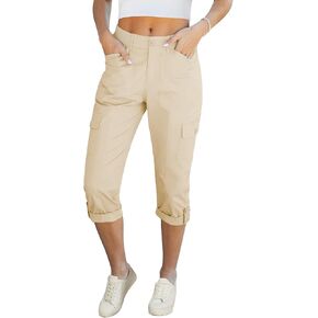 LookbookStore Capri Pants for Women High Waisted Cargo Casual Elastic Waist Rolled Hem Summer Capris Pants with Pockets in Kuwait
