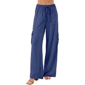 Beautiful Nomad Women's Linen Cargo Pants Casual High Waisted Wide Leg Pant Baggy Trousers with Pockets