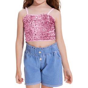 Girls Sleeveless Tank Top Sequin Spaghetti Strap Crop Cami Camisole Sparkly Dance Blouse