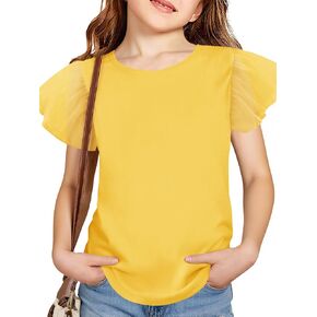 Haloumoning Girls Mesh Ruffle Sleeve Shirts Kids Cute Crewneck Tops Casual Summer Blouse 5-14 Years
