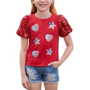 BesserBay Girls 4th of July Sequins Stars Shirt Stripes Puff Short Sleeves Top Shiny Crew Neck Blouse 6-14 Years