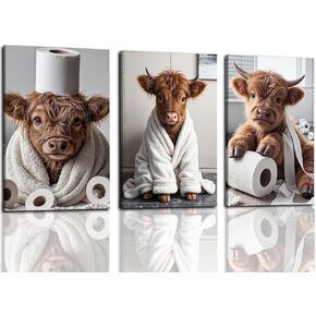 3 Pcs Highland Cow Funny Bathroom Wall Art Decor, Brown Cute Cow Animal Canvas Painting Posters Prints, Vintage Rustic Farmhouse Home Pictures for Bathroom 12x18 In（Framed）