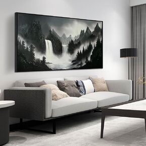 Hand Painted Mountains Painting for Living Room - Waterfall Canvas Wall Art for Office - Large Framed Wall Art Bedroom Size 29" x 59"