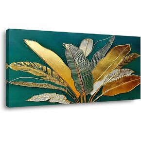 Idafu Green Leaf Wall Art و Green and Gold Leafy Wall Painting ، Emerald Green Tropical Décor Canvas Prints ، Abstract Sage Boho Painting for Office Home Décor ، جاهز للتعليق 60 لتر
