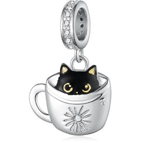 Black Cat Charm 925 Sterling Silver Cat Charms for Bracelets Cute Animal Jewelry Gifts for Women