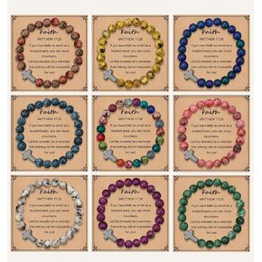 BROCC 9Pcs Cross Bracelets for Women Men Religious Cross Beaded Bracelet Christian Faith Gifts for Women Mother Girlfriend Grandma Wife with Prayers Card