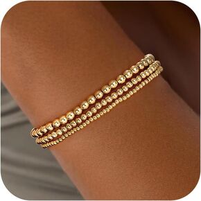 Gold Bracelets for Women, 14K Gold Plated Beaded Bracelets Gold Strand Bead Ball Bracelet Stack Set Adjustable Bracelet Set Waterproof Jewelry for Women Gifts Non Tarnish