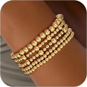 Gold Bracelets for Women, 14K Gold Plated Beaded Bracelets Gold Strand Bead Ball Bracelet Stack Set Adjustable Bracelet Set Waterproof Jewelry for Women Gifts Non Tarnish in Kuwait