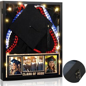 Graduation Shadow Box 17" x 21" Large Graduation Picture Frame Class of 2025 Shadow Box with Window String Light Card Picture Display Case with Layered Design for Keepsake Memory Cap Gown