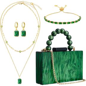 4 Pcs Acrylic Green Clutch Bag for Women Emerald Green Purse Jewelry Set for Women Evening Handbag Layered Necklace Bracelet Earrings Set for Formal Prom Birthday Wedding Party