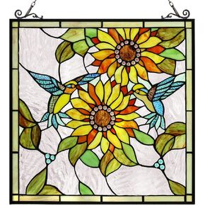 Capulina Sunflower and Birds Large Stained Glass Panels Window Hangings Tiffany Glass Traditional Art Crafts for Home Decor Gifts