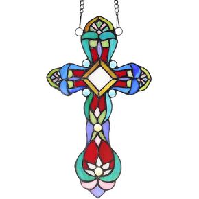Capulina Stained Glass Cross Window Hanging Tiffany Style Stunning Handicrafts Parents and Friends Gifts for Blessing Pray Love Faith