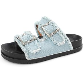 Platform Sandals for Women Denim Sandals Double Buckle Adjustable Straps Slip On Slide Sandals InDoor/Outdoor Comfortable Vacation