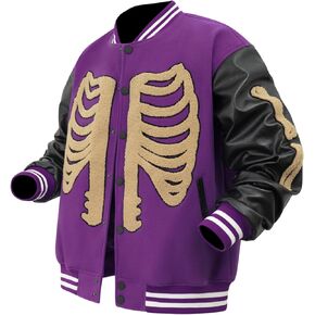 Mens Varsity Jackets Skeleton Graphic Baseball Wool+Faux Leather Bomber Jacket Halloween costumes Outerwear Coat