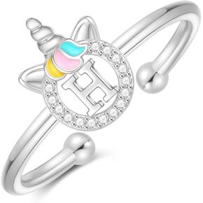 Dainty Initial Unicorn Rings for Girls Gifts, 14K Gold Plated/Rose Gold/Silver Unicorn Rings for Girls Cute Initial Toddler Ring Hypoallergenic Adjustable Letter Rings for Teen Girls Gifts