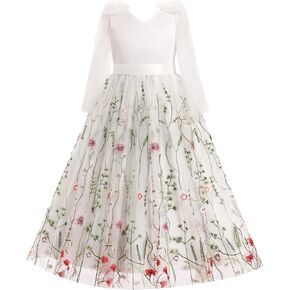 IBTOM CASTLE Flower Girl Dress Satin Floral Embroidered Tulle Long Dress Junior Bridesmaid Wedding Birthday Formal Ball Gown