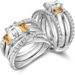 DovEggs Emerald Cut Moissanite Engagement Rings for Women 3.2ct Total 6x8mm GHI Moissanite Wedding Ring Set with Pink/Yellow/Blue Sapphire Accents Enhancer Guard Band 14k Gold QUALITY Sterling Silver