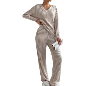 SHEWIN Women's Pajama Sets Long Sleeve Short Sleeve 2 Piece Lounge Sets Ribbed Knit Sweater Sleepwear