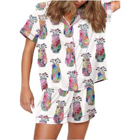 Juakoso Champagne Bottle Pajamas Women Short Sleeve Button Lounge Sets Wine Print Shorts Pjs Espresso Martini Sleepwear