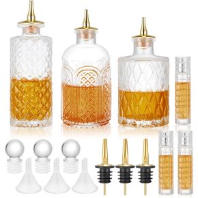 6 PCS Bitters Botter مجموعة 3 أحجام زجاجات مريرة زجاجية لرسام الكوكتيلات مع قمة دشور وسداد 3 زجاج 1 أوقية كوكتيل رائع لبار المنزل النادل