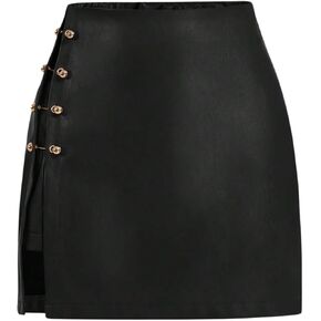 WDIRARA Women's Side Slit Metallic Trim High Waisted Faux Leather Short Skirts