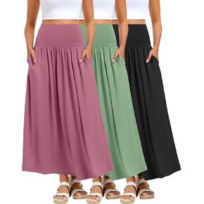 Ficerd 3 Pack Maxi Long Skirts for Women, Ankle Length High Waisted Pleated Flowy A Line Summer Casual Skirts with Pockets