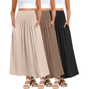 Ficerd 3 Pack Maxi Long Skirts for Women, Ankle Length High Waisted Pleated Flowy a Line Summer Casual Skirts with Pockets in Kuwait