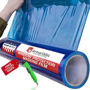 ArmorDillo 5 Rolls (1 Case, 19.76/Roll) 12" x 200' Blue Protective Window Film for Window Glass W/Free Utility Knife, Window Shield Adhesive Film, Polyethylene Film, 45-Day UVI, Scratch Prevention