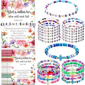 Kenning 24 Sets Cross Christian Bracelets with Bible Cards Gift Sets Friendship Cross Clay Beads Colorful Wristbands Stackable Elastic Cute Beaded Bracelets Inspirational Religious Gifts for Women Men