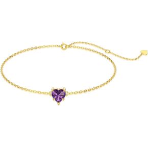 14k Gold Love Heart Gemstone Bracelet for Women,7MM Heart-cut Created Birthstone Anniversary Birthday Mother's Day Bracelets Jewelry for Mom Her 6.5''+2''