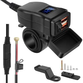 شاحن USB للدراجات النارية ، USB مزدوج عالمي 12V-24V مع واجهة Voltmeter SAE لسفر المقود (شاشة Red Voltmeter الرقمية ، USB-A المزدوج)