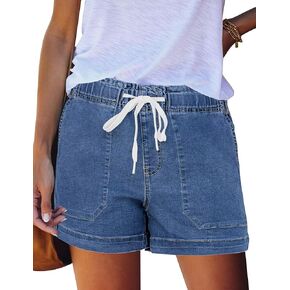 FEKOAFE Womens Stretchy Denim Shorts 2025 Summer Casual Drawstring Elastic Waist Jean Shorts with Pockets