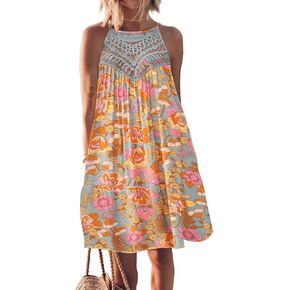 FARORO Womens Sleeveless Summer Beach Short Dresses Hollow Out Halter Coverup Casual A Line Sundress with Pockets