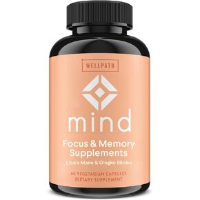 WellPath Mind Brain ملحق للذاكرة والتركيز مع Lion's Mane | Ginkgo Biloba و L-theanine للحصول على الدعم المعرفي على المدى الطويل | نباتي ، غير محلي ، 60 CT