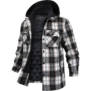 FTIMILD Men's Long Sleeve Quilted Lined Flannel Shirt Jacket with Detachable Hood Casual Jacket