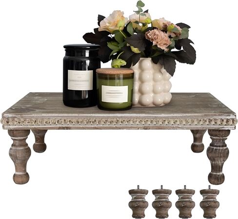 MAONAME Wood Display Risers Decorative tray, Farmhouse Pedestal Stand for Display Home Decor, Vintage Brown Beaded Wooden Tray for Kitchen Counter, Short and Tall Footed in Saudi Arabia