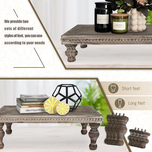 MAONAME Wood Display Risers Decorative tray, Farmhouse Pedestal Stand for Display Home Decor, Vintage Brown Beaded Wooden Tray for Kitchen Counter, Short and Tall Footed in Saudi Arabia