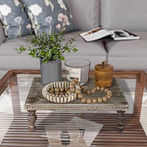 MAONAME Wood Display Risers Decorative tray, Farmhouse Pedestal Stand for Display Home Decor, Vintage Brown Beaded Wooden Tray for Kitchen Counter, Short and Tall Footed in Saudi Arabia