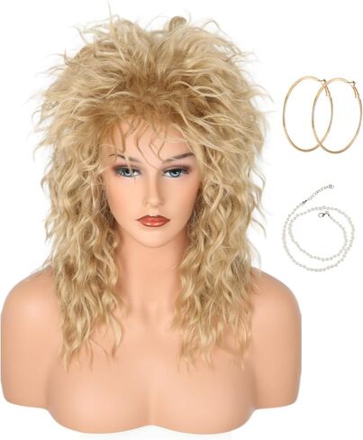 Womens Blonde Long Curly 80s Rocker Mullet Wig Halloween Party Costume Wig in Saudi Arabia
