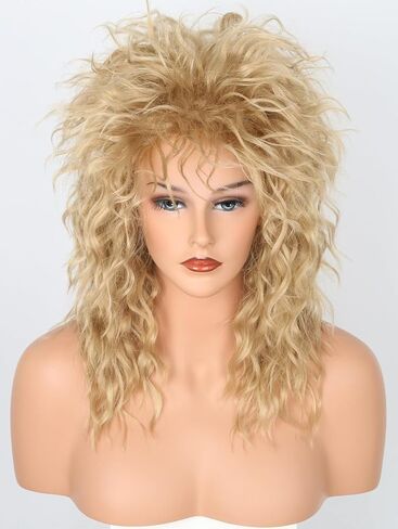 Womens Blonde Long Curly 80s Rocker Mullet Wig Halloween Party Costume Wig in Saudi Arabia