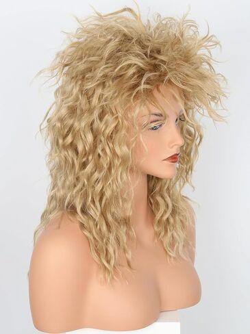 Womens Blonde Long Curly 80s Rocker Mullet Wig Halloween Party Costume Wig in Saudi Arabia