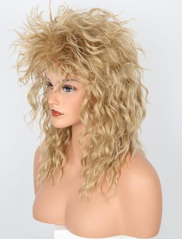 Womens Blonde Long Curly 80s Rocker Mullet Wig Halloween Party Costume Wig in Saudi Arabia