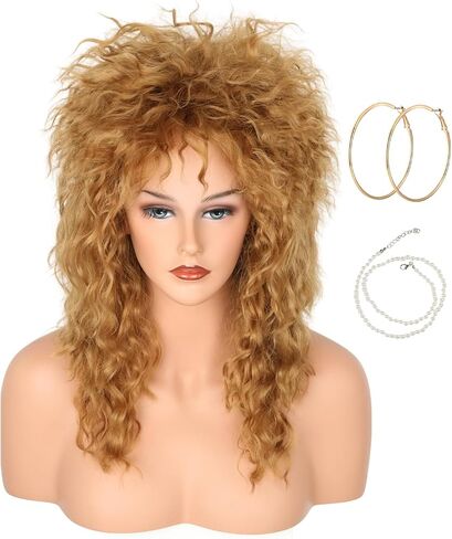 Womens Blonde Long Curly 80s Rocker Mullet Wig Halloween Party Costume Wig in Saudi Arabia