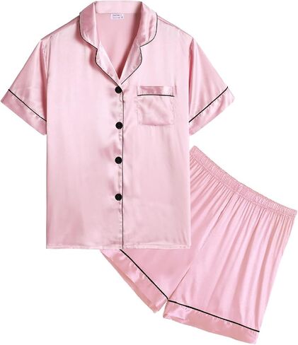 SWOMOG Kids Satin Pajamas Sets Girls Boys Button-Down Pjs Short Sleeve Silk Nightwear 2 Piece Lounge Sets in Saudi Arabia